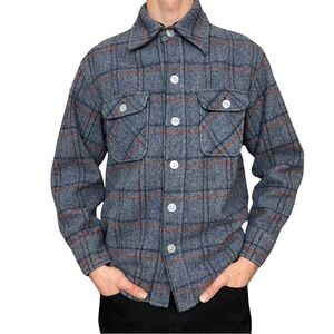 Vintage Men’s Fox Knapp Gray & Blue Plaid Jacket Dagger Collar Made in USA Large